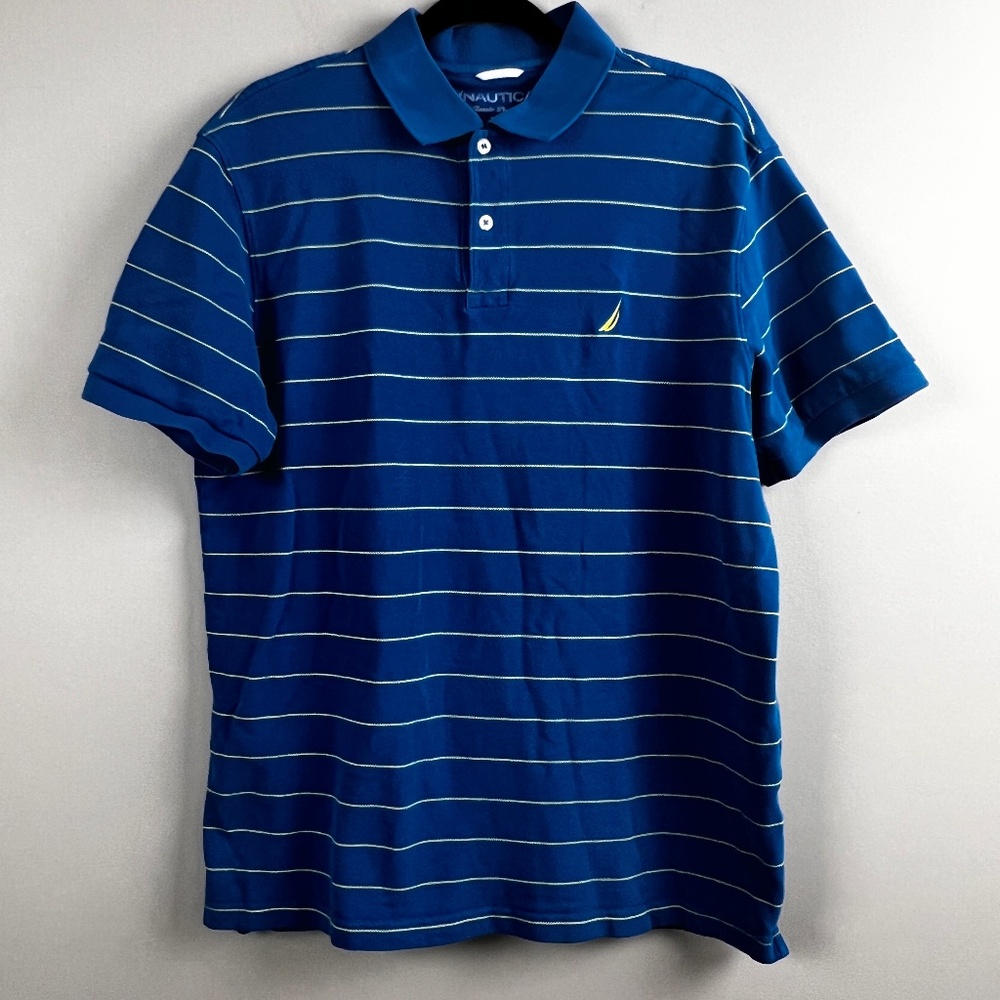 Nautica Polo Shirt Mens Large Classic Fit Pique Cotton Blue Yellow Stripes